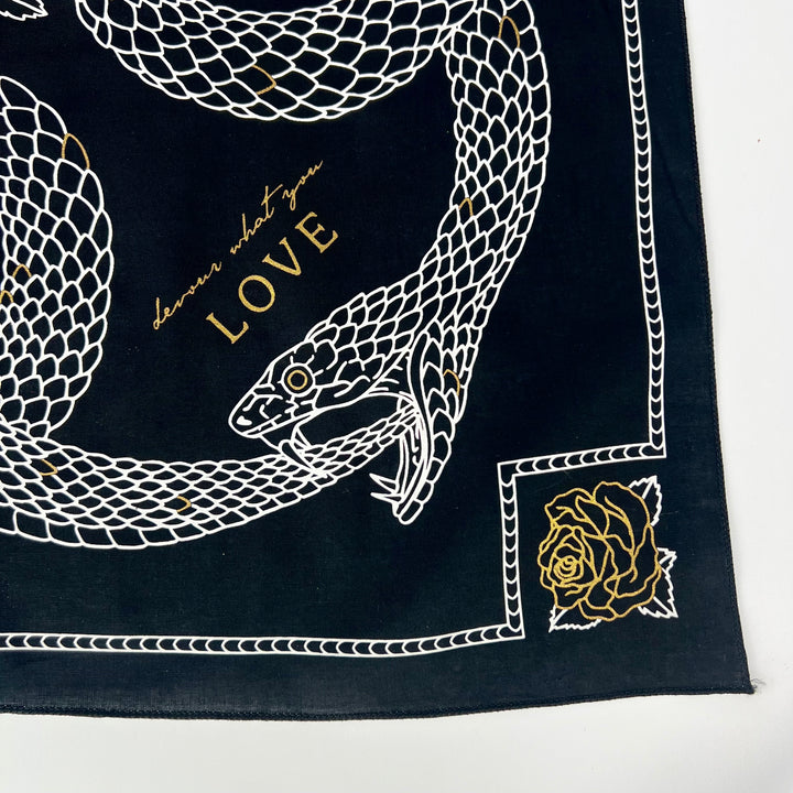 Kanibal & Co. Bandana: Devour Snake featuring a snake design with black and gold accents