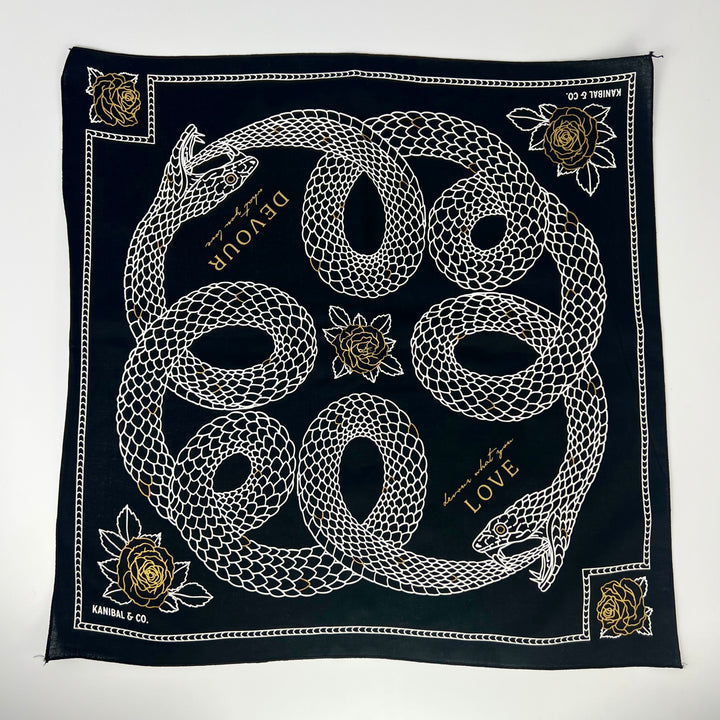 Kanibal & Co. Bandana: Devour Snake featuring a black design with intertwined snakes and roses