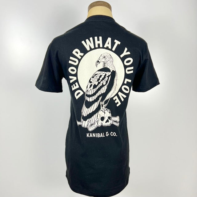 Black Kanibal & Co. devour what you love shirt with vulture and skull graphic on back