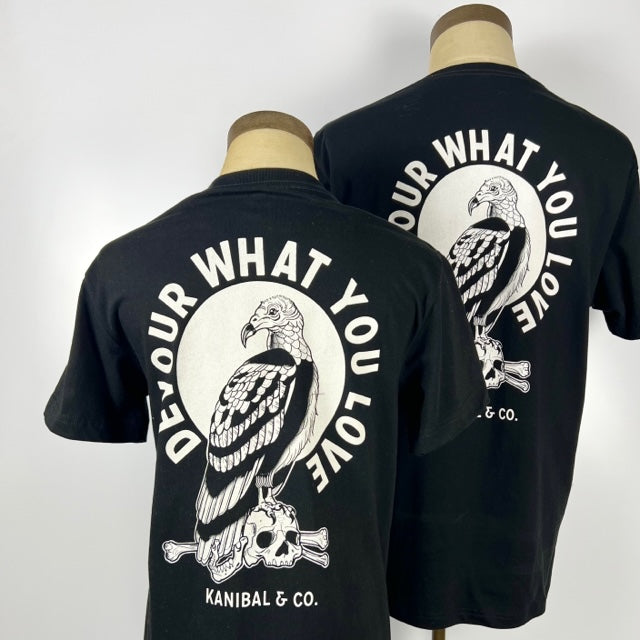 Kanibal & Co. black devour what you love shirt with vulture and skull graphic on back