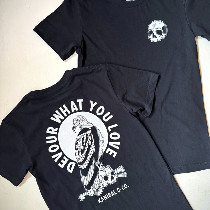 Black Kanibal & Co devour what you love shirt with vulture and skull graphic design