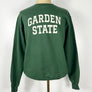 Kanibal & Co. green Garden State sweatshirt with white block lettering on back long sleeves