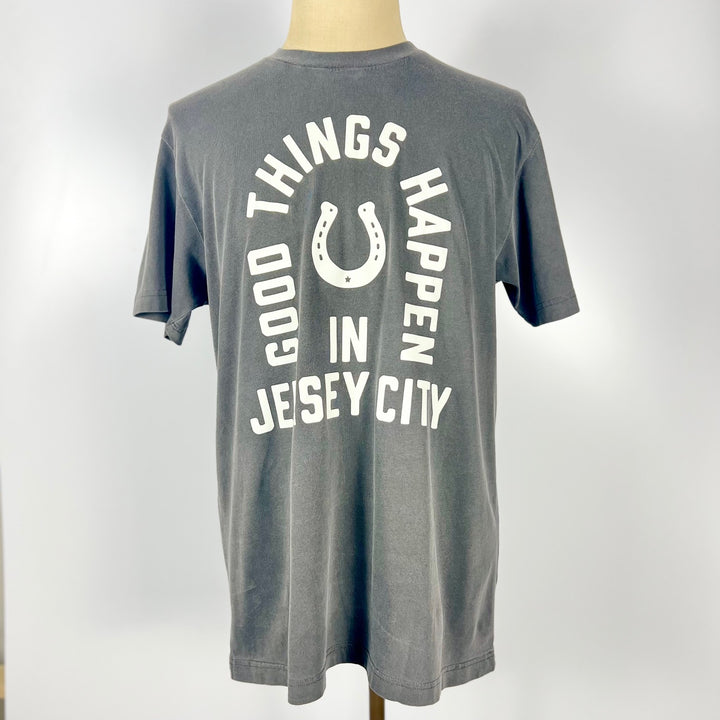 Kanibal & Co. Good Things Happen in Jersey City shirt in gray with white horseshoe graphic on back