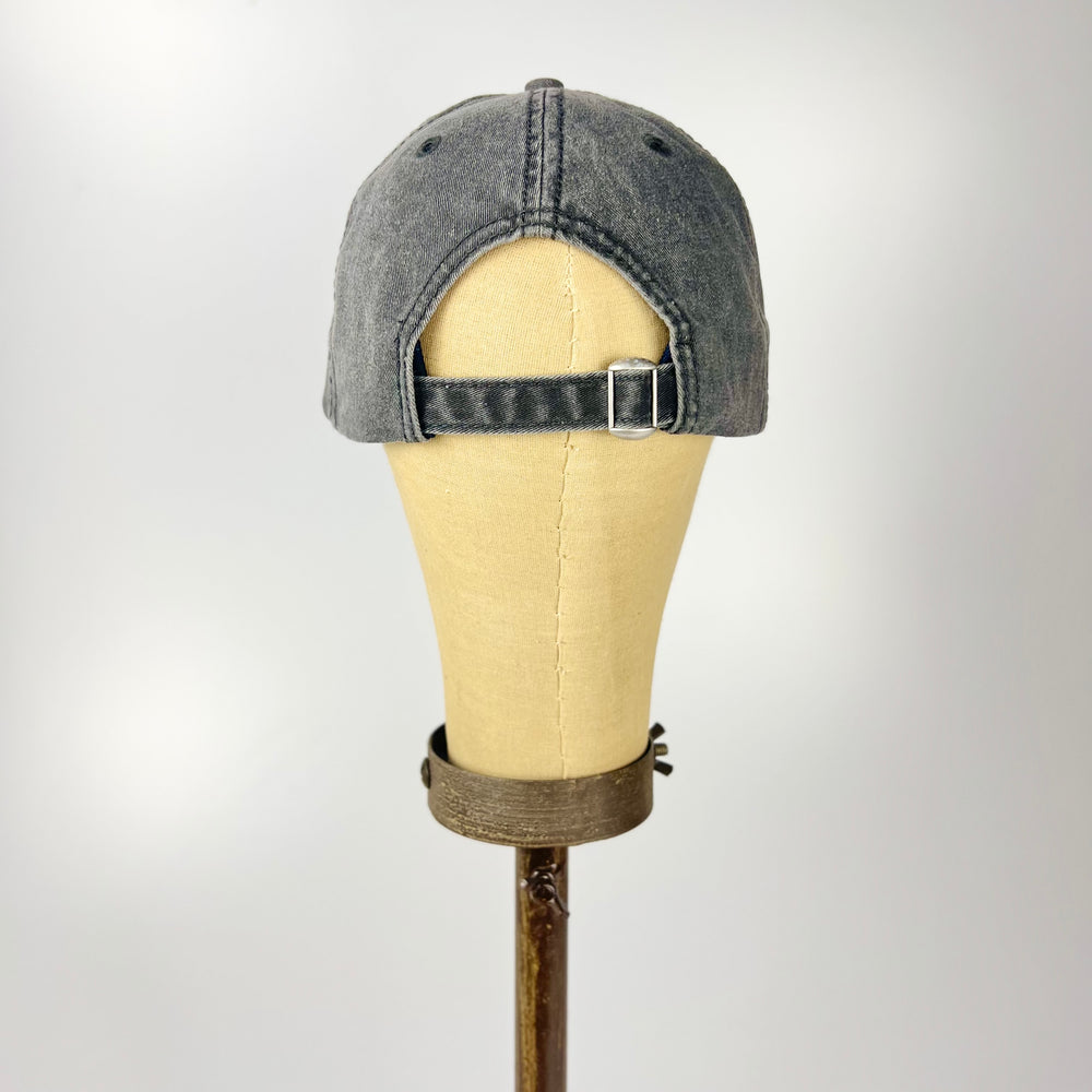 Kanibal and Co gray washed baseball cap back view on mannequin with adjustable strap and buckle Summit New Jersey baseball hat