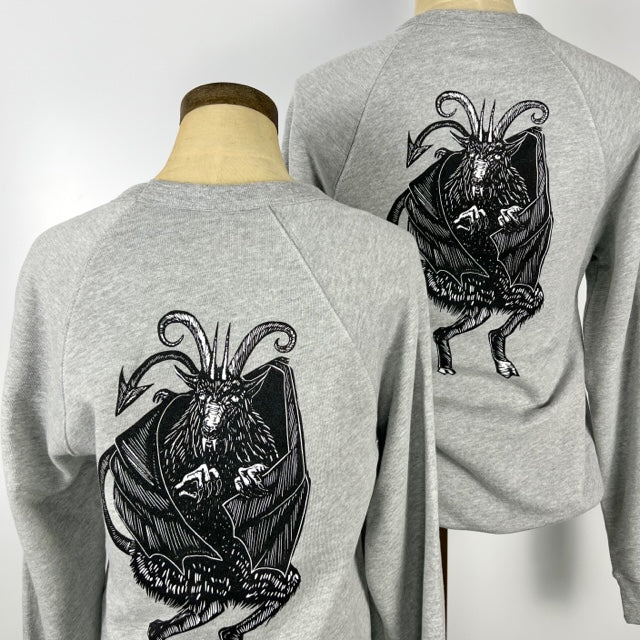Kanibal & Co. grey raglan crewneck sweatshirt with black demon goat graphic on back