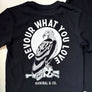 Black devour what you love shirt by Kanibal and Co with vulture and skull graphic on back