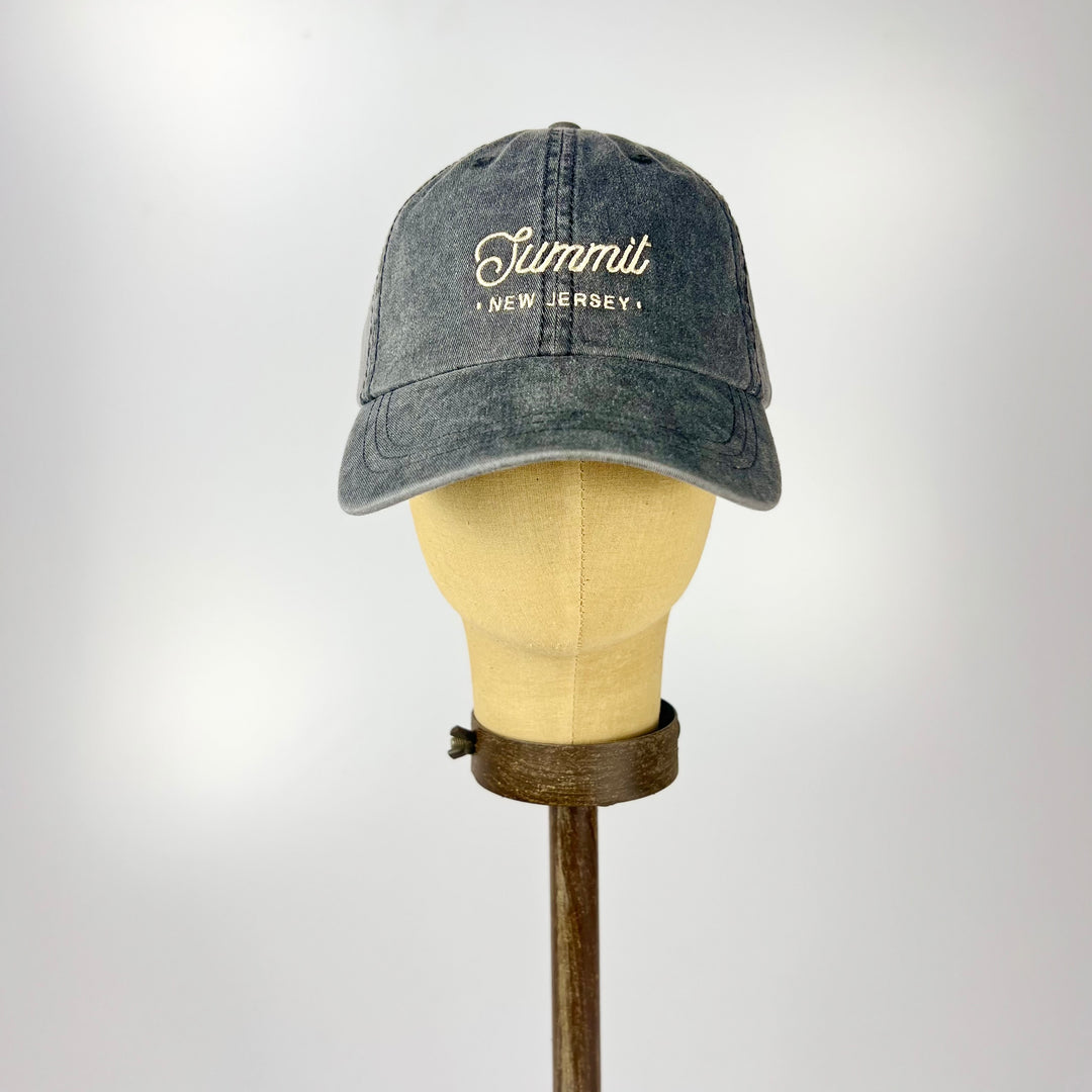 Kanibal and Co washed charcoal cotton cap on mannequin with embroidered Summit New Jersey baseball hat logo