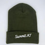 Kanibal & Co. Summit NJ embroidered beanie in olive green knit hat with white stitching