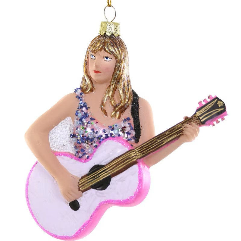 Taylor Swift with guitar Christmas ornament in a sparkly dress, perfect for festive decorations