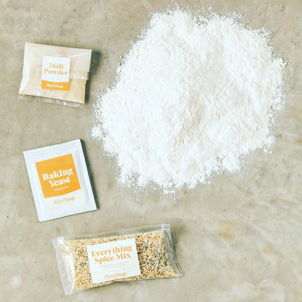 DIY bagel and cream cheese kit ingredients including malt powder, baking yeast, spice mix, and flour