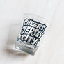 Kanibal & Co. Jersey City shot glass with Cheers Jersey City black lettering on clear glass