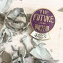 Kanibal Co future is unclear enamel pin with purple glitter and gold lettering placed on a light surface with dried leaves