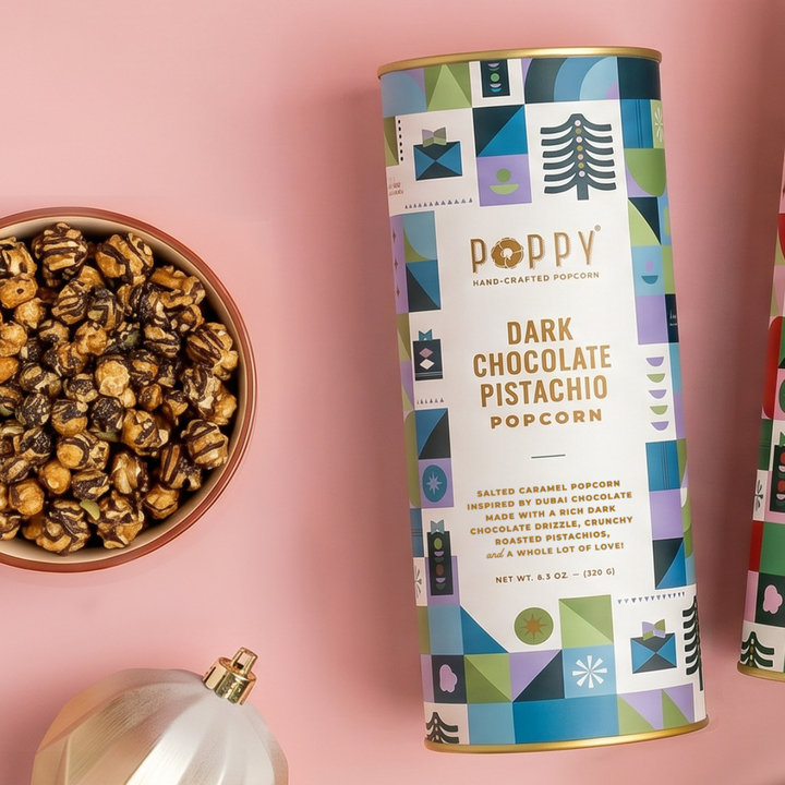 Holiday Popcorn: Dark Chocolate Pistachio Cylinder