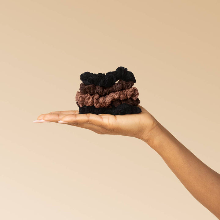 Ruched Lace Scrunchies 5pc Set: Black, Chocolate & Mocha