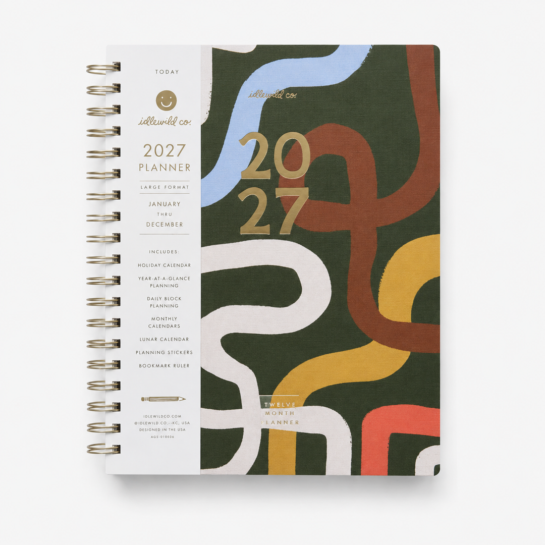 A 2027 spiral-bound planner shown at an angle on a clean white background. The cover features an abstract organic pattern in dark green, mustard yellow, terracotta, coral, light blue, and white, with gold foil text reading '2027' and 'Today is 2027 Planner' on the left white band.