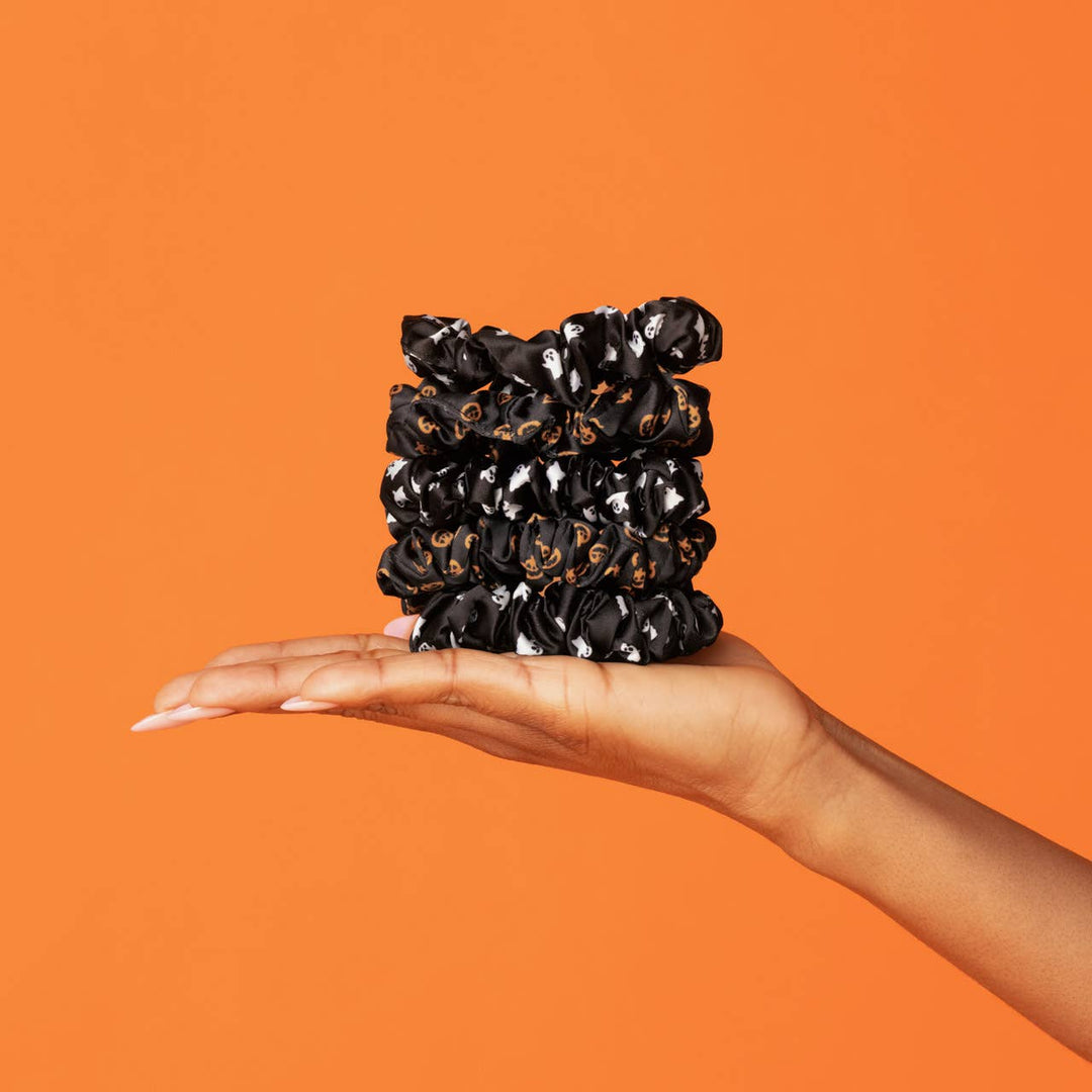Ruched Satin Scrunchies 5pc Set: Ghosts & Pumpkins