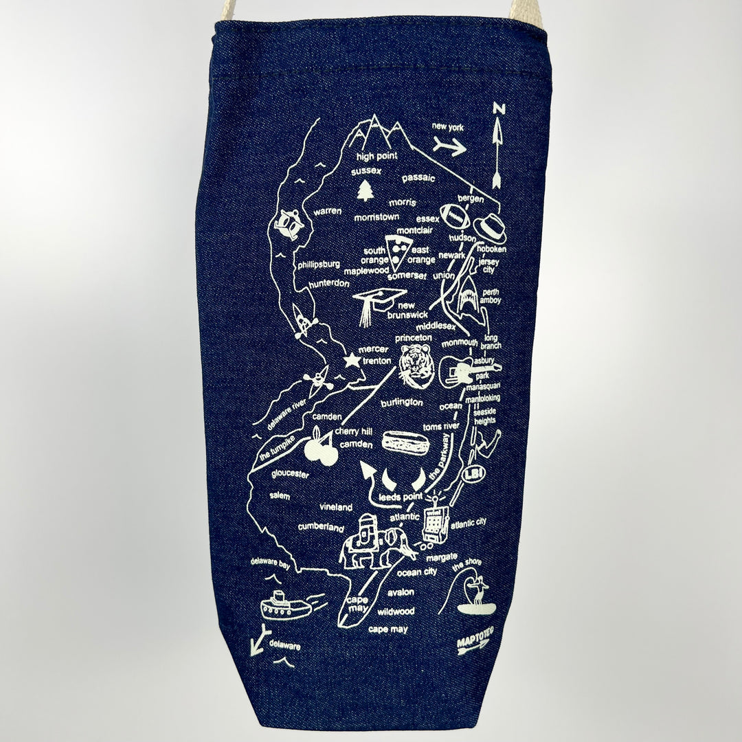 MapTote denim wine tote New Jersey illustrated map bottle icons and rope handle for gifting