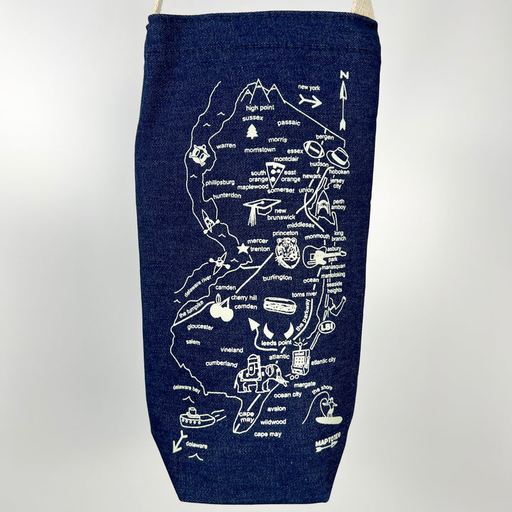 MapTote denim wine tote New Jersey illustrated map bottle icons and rope handle for gifting