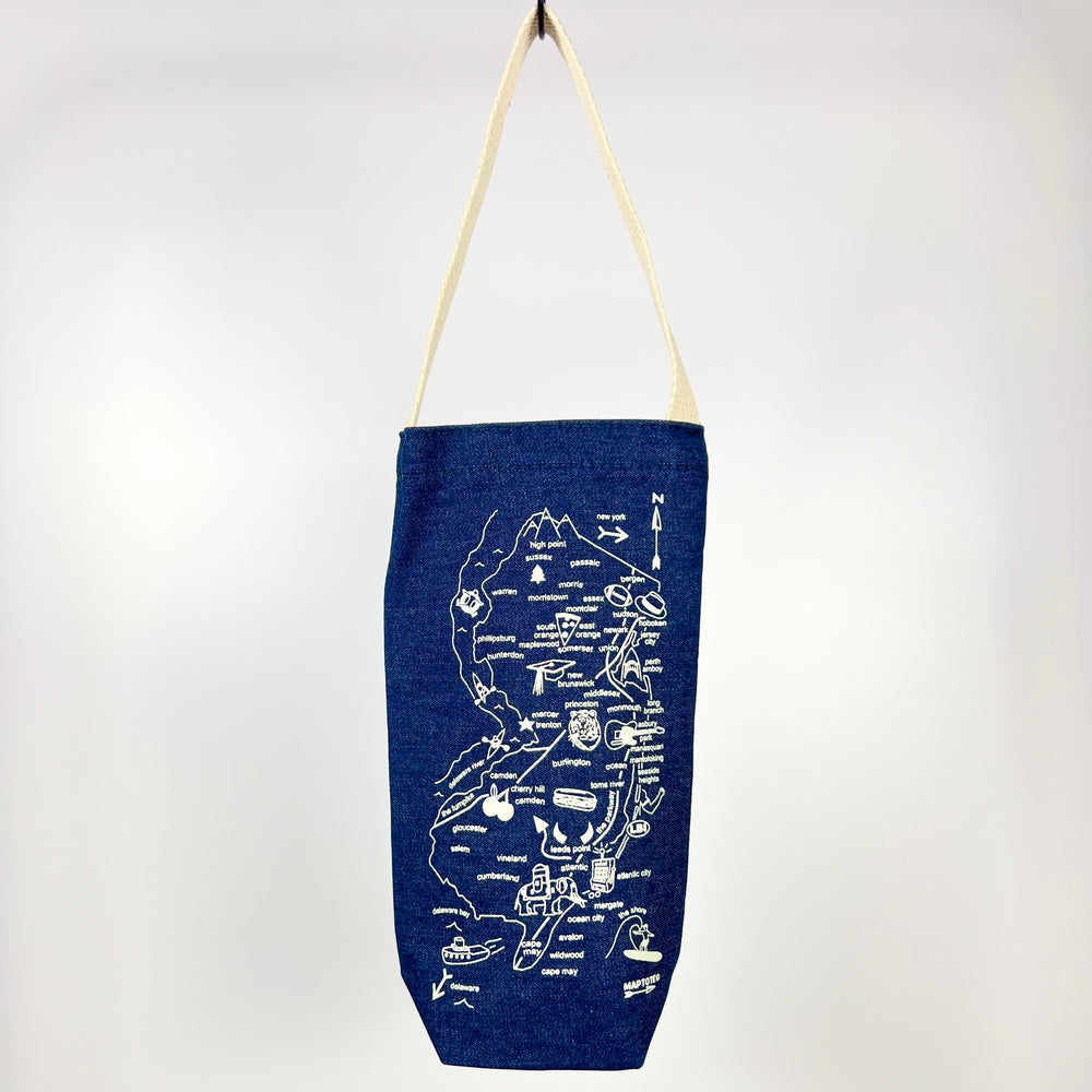 MapTote denim wine tote New Jersey with white map print on blue fabric and cream shoulder strap