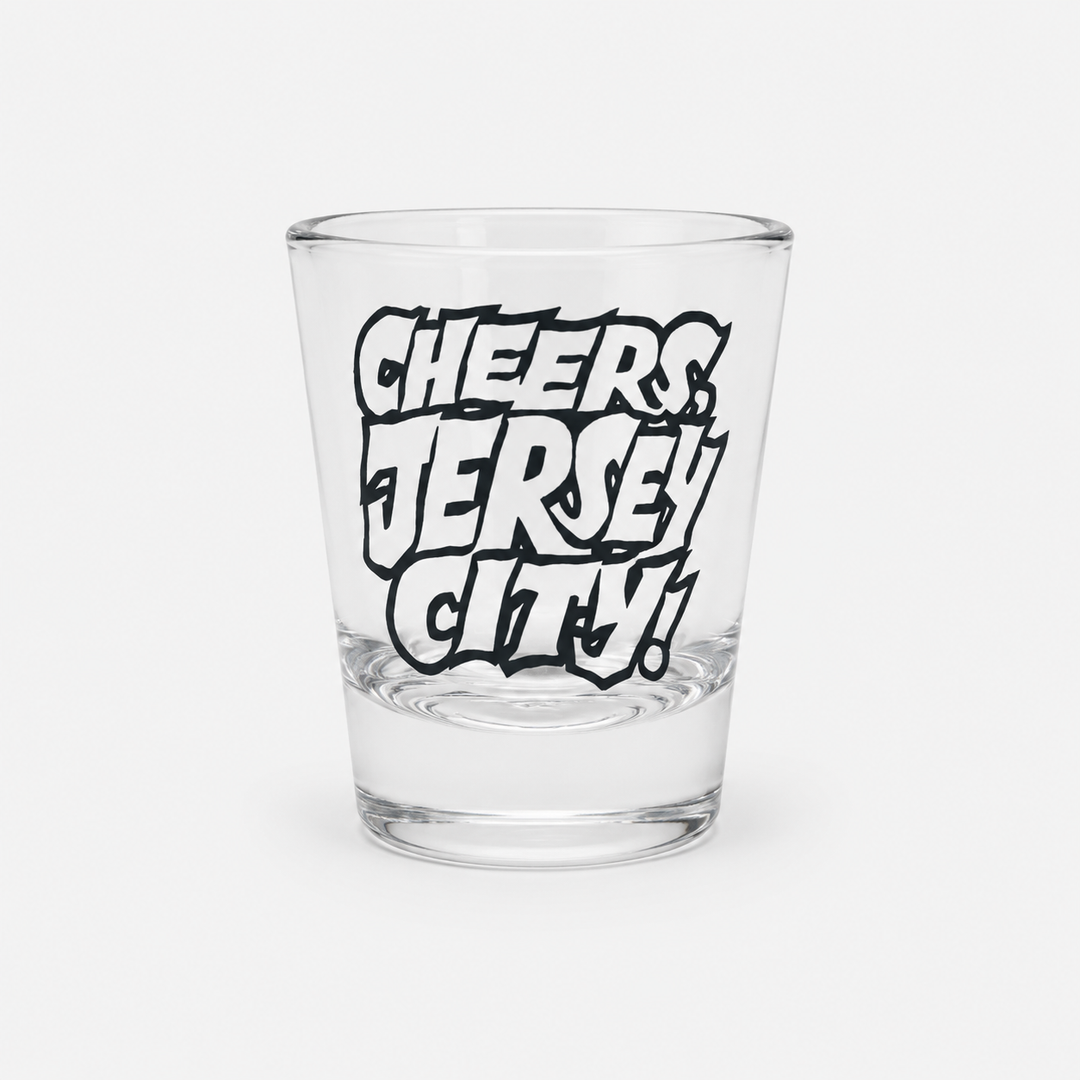 Clear glass with 'Cheers, Jersey City!' text on a white background