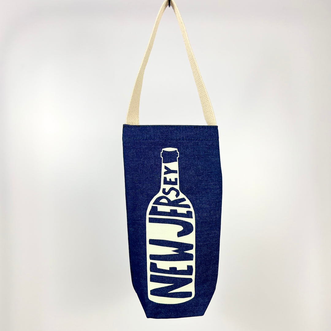 MapTote denim wine tote New Jersey with cream shoulder strap and white bottle graphic
