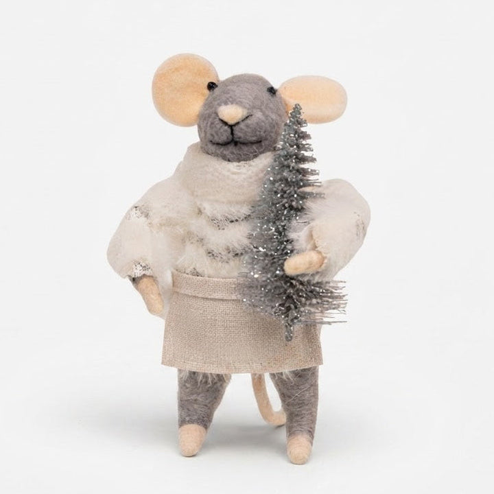 A small plush mouse decoration with large tan ears, a gray body, and a cream-colored fuzzy sweater, holding a silver glittery Christmas tree against a plain white background.