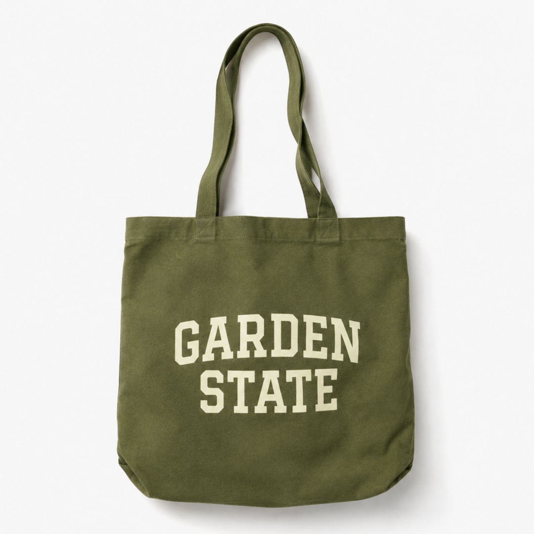 Green tote bag with 'Garden State' text on a white background