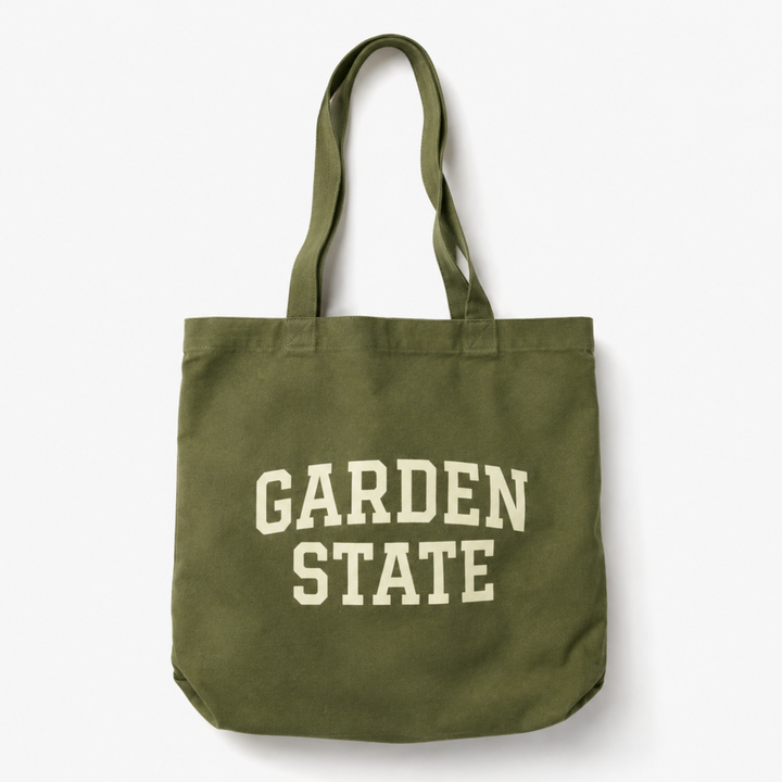 Green tote bag with 'Garden State' text on a white background