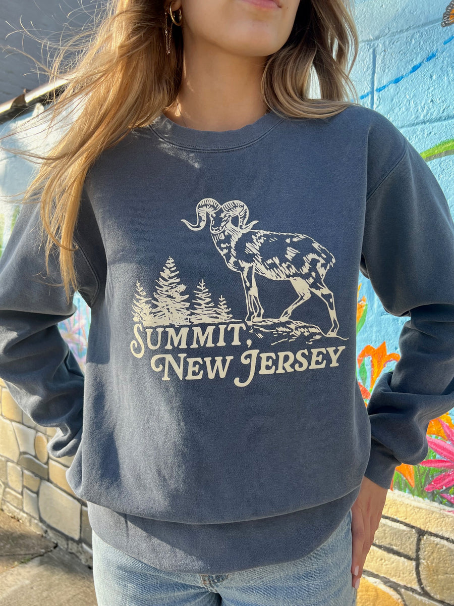 Girl wearing a blue crewneck sweater with a ram atop a mountain with trees in the background that reads Summit, NJ.