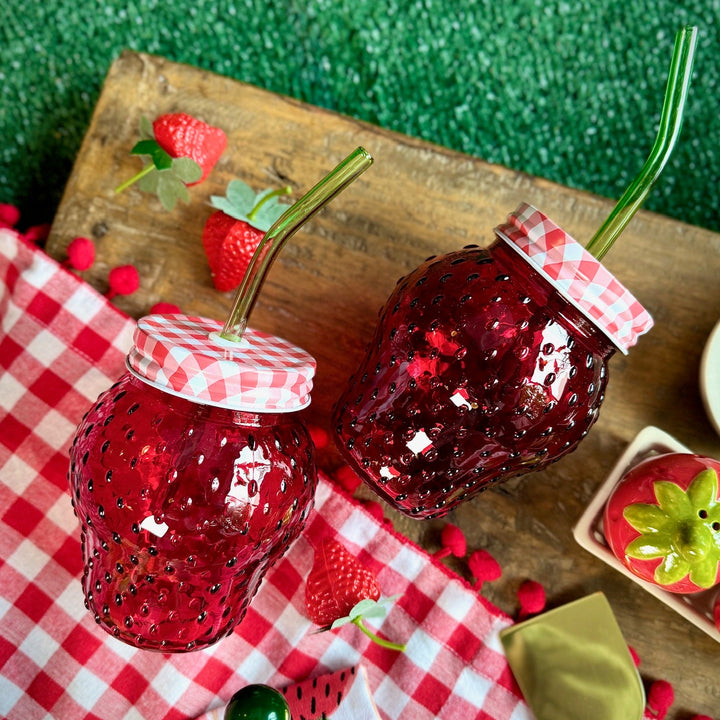 Glass w. Lid: Strawberry, 16oz