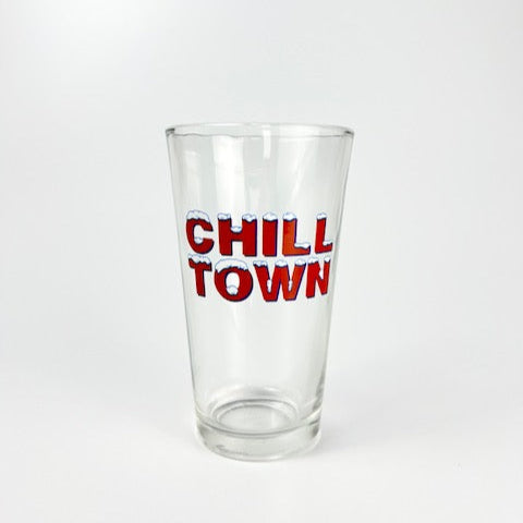 Clear glass with 'CHILL TOWN' text in red and blue on a white background