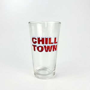 Clear glass with 'CHILL TOWN' text in red and blue on a white background