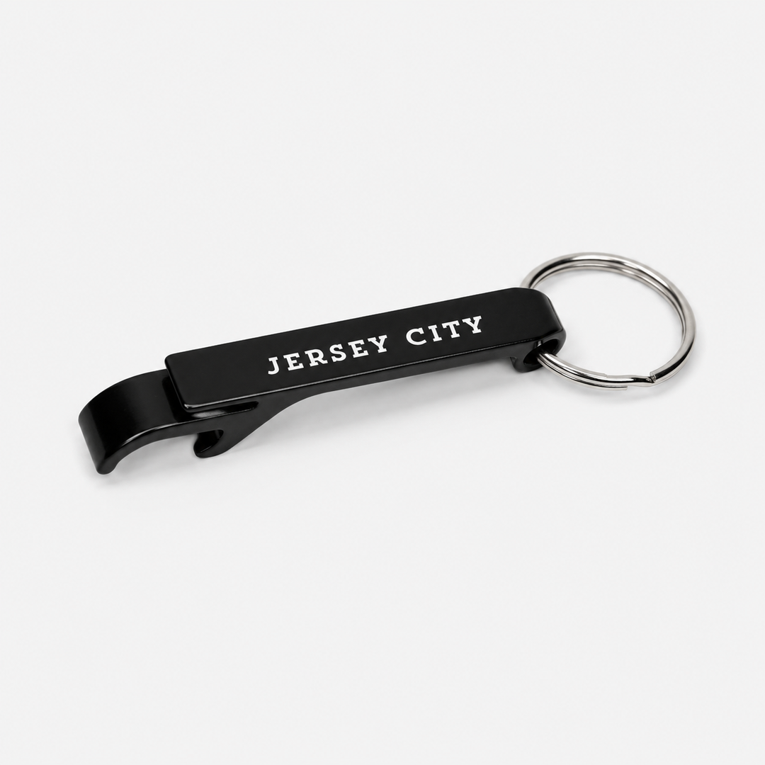 Bottle opener with graphic Jersey City writing