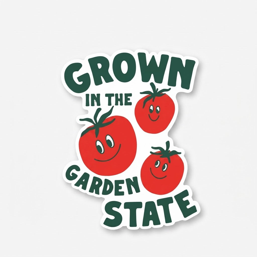 A die-cut sticker featuring three smiling red tomatoes with green tops and the text 'GROWN IN THE GARDEN STATE' in dark green lettering, shown on a light gray background.