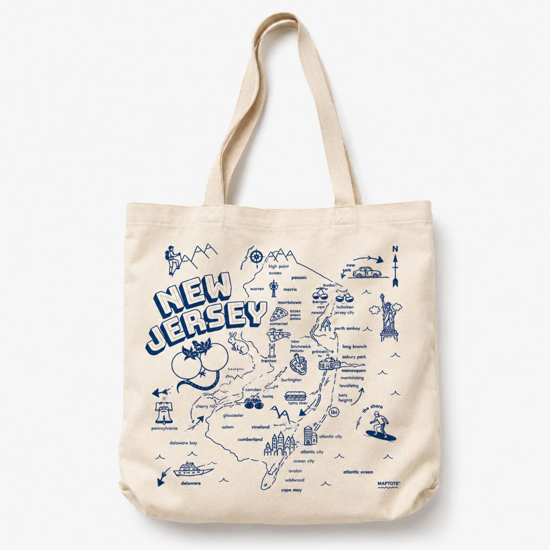 Tote bag with New Jersey map design on a white background