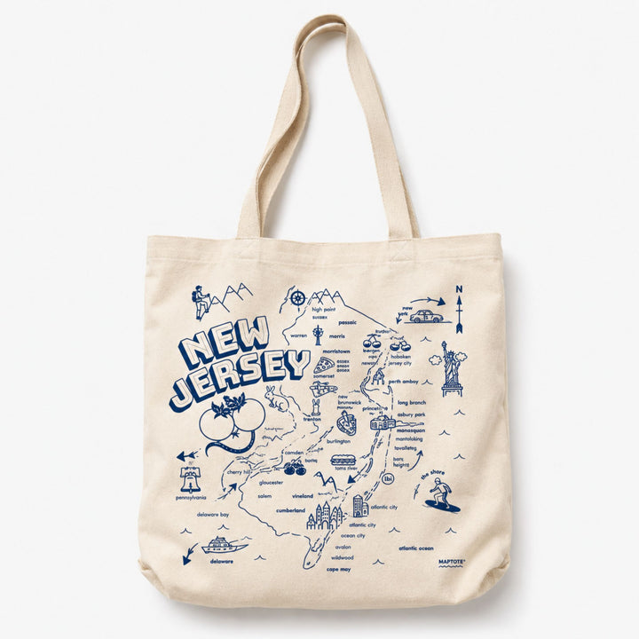 Tote bag with New Jersey map design on a white background