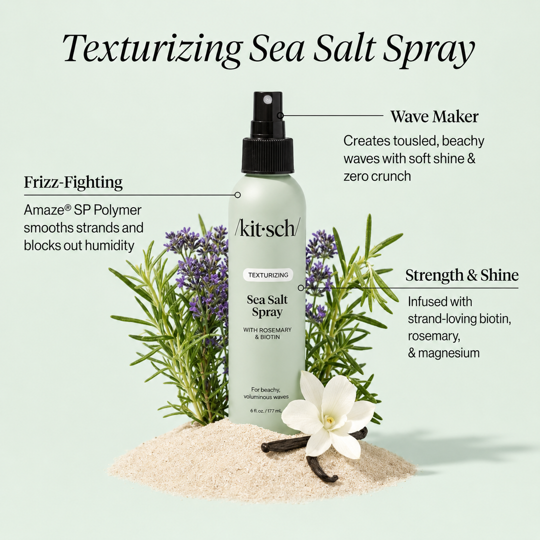 A bottle of kit'sh Texturizing Sea Salt Spray stands on sand with lavender, rosemary, vanilla, and a white flower around it. Text callouts describe the product benefits: frizz-fighting, wave maker, and strength & shine.