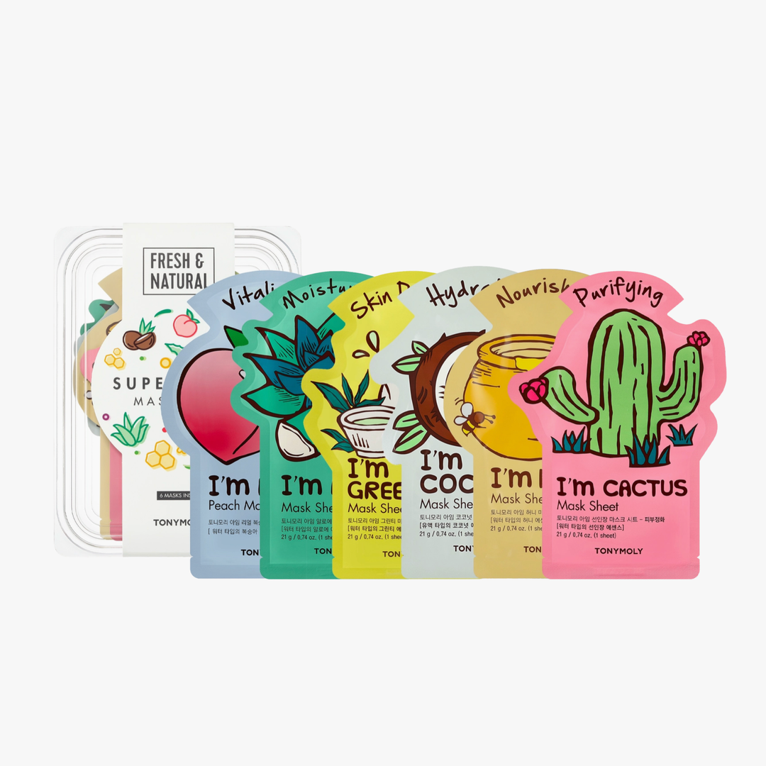A set of five colorful Tony Moly sheet mask packets fanned out in front of their clear plastic packaging on a light gray background. The packets feature illustrated designs for Peach, Green, Cocoa, Cactus, and Super Moist masks.