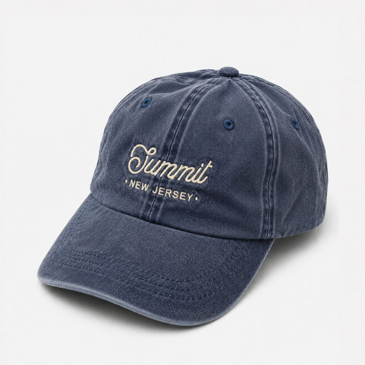 Navy blue cap with 'Summit New Jersey' text on a light gray background