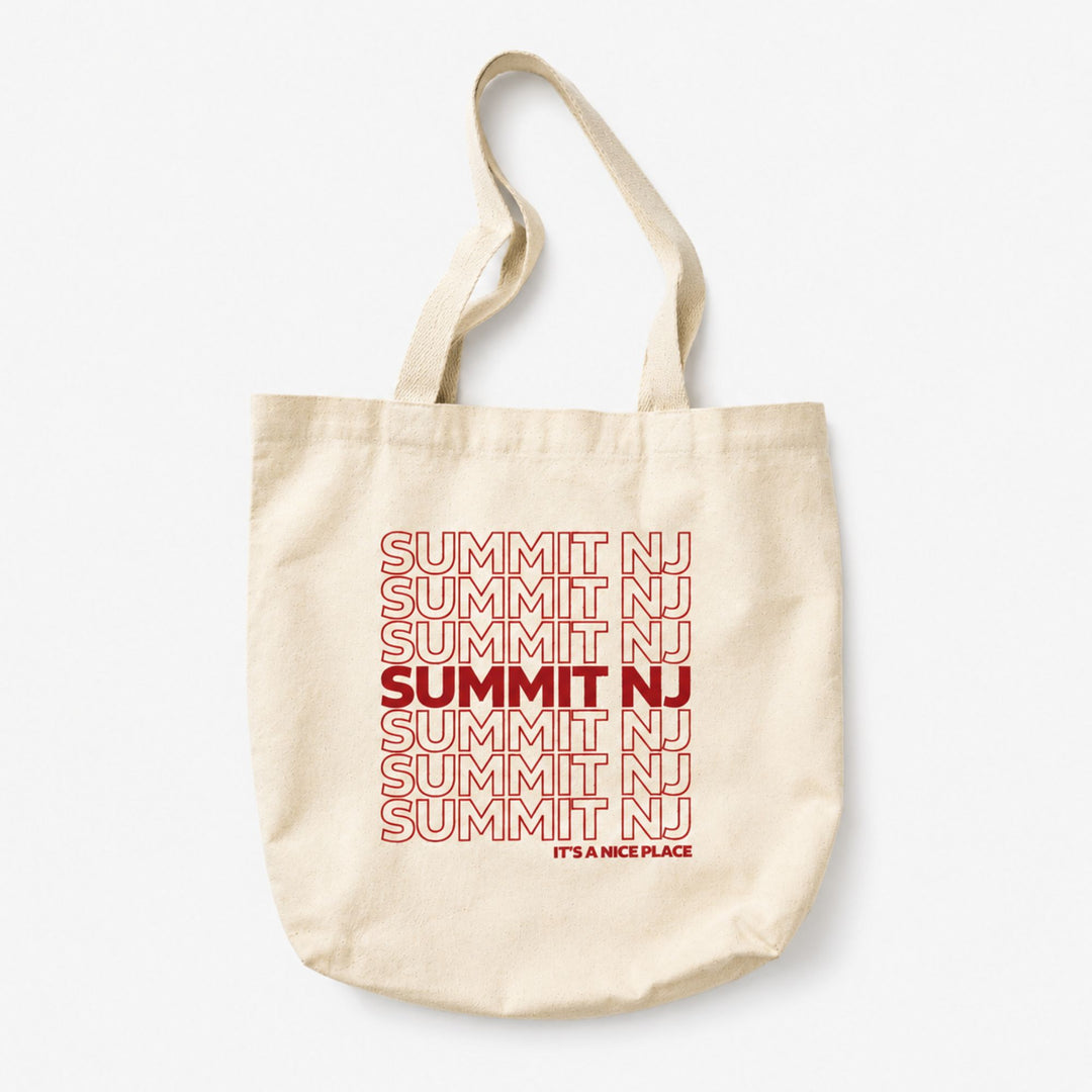 Beige tote bag with red 'Summit NJ' text on a white background