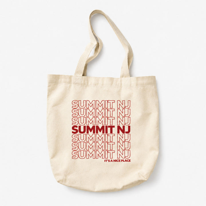 Beige tote bag with red 'Summit NJ' text on a white background