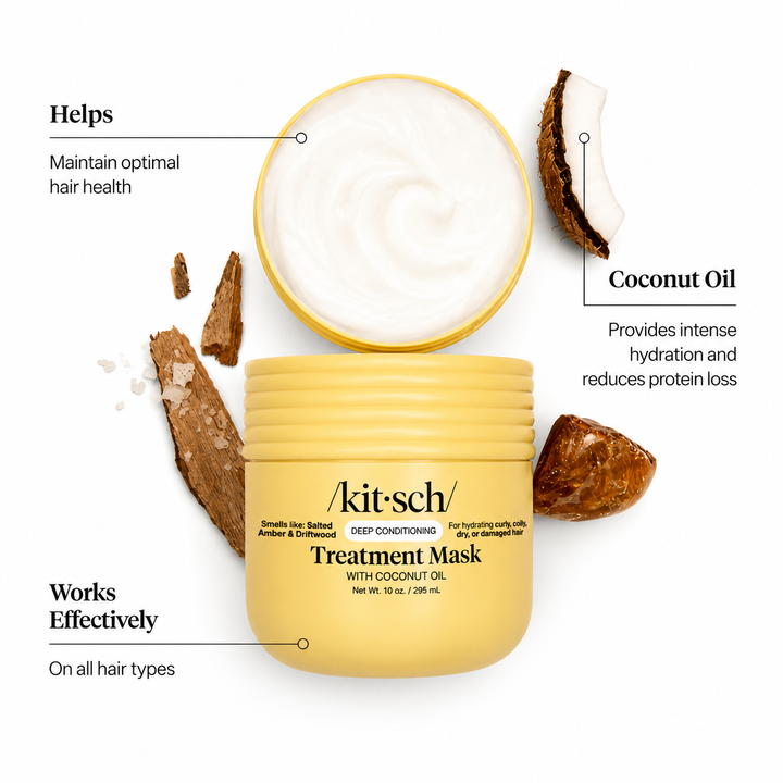 A yellow jar of kit-sch Deep Conditioning Treatment Mask with coconut oil, shown open with white cream inside, surrounded by coconut pieces on a white background with callout text.