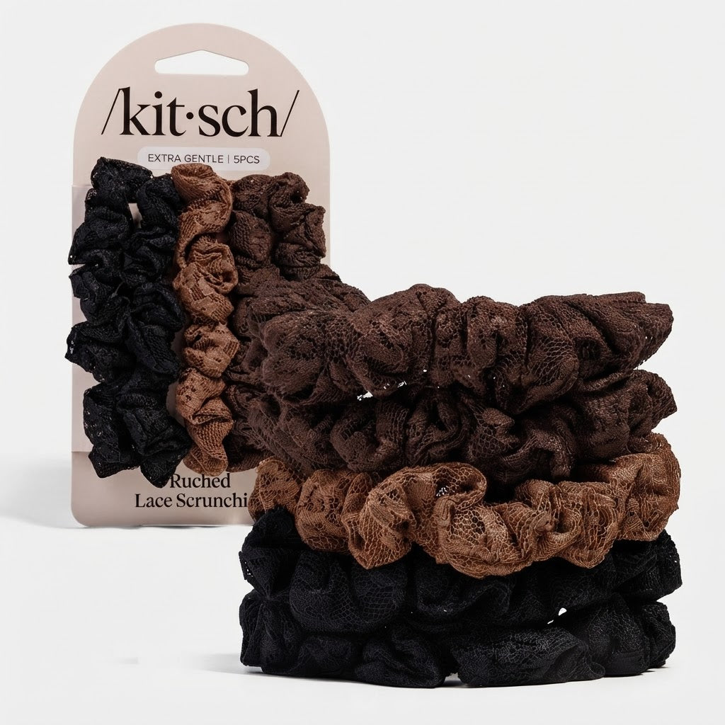 Ruched Lace Scrunchies 5pc Set: Black, Chocolate & Mocha