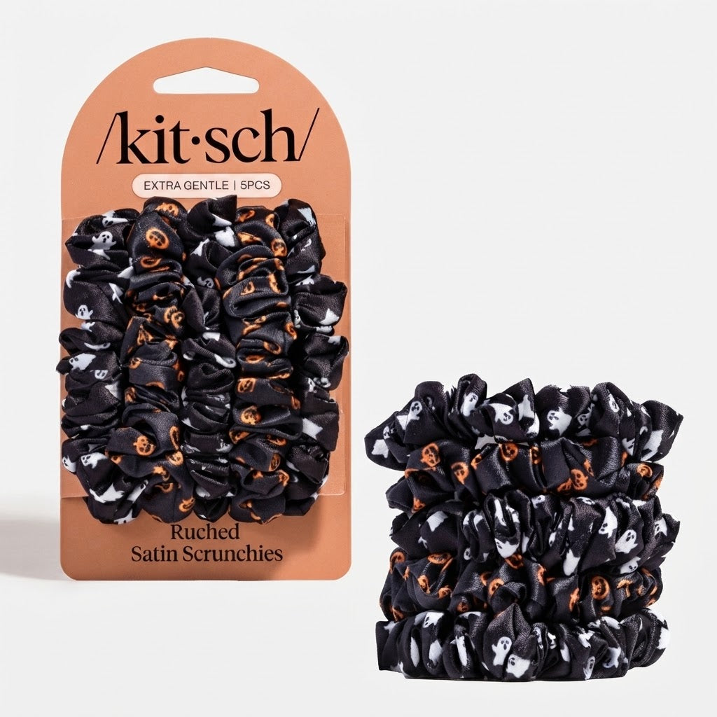 Ruched Satin Scrunchies 5pc Set: Ghosts & Pumpkins