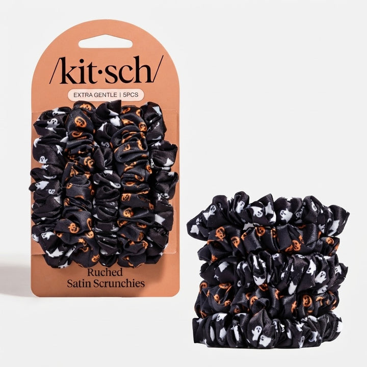 Ruched Satin Scrunchies 5pc Set: Ghosts & Pumpkins