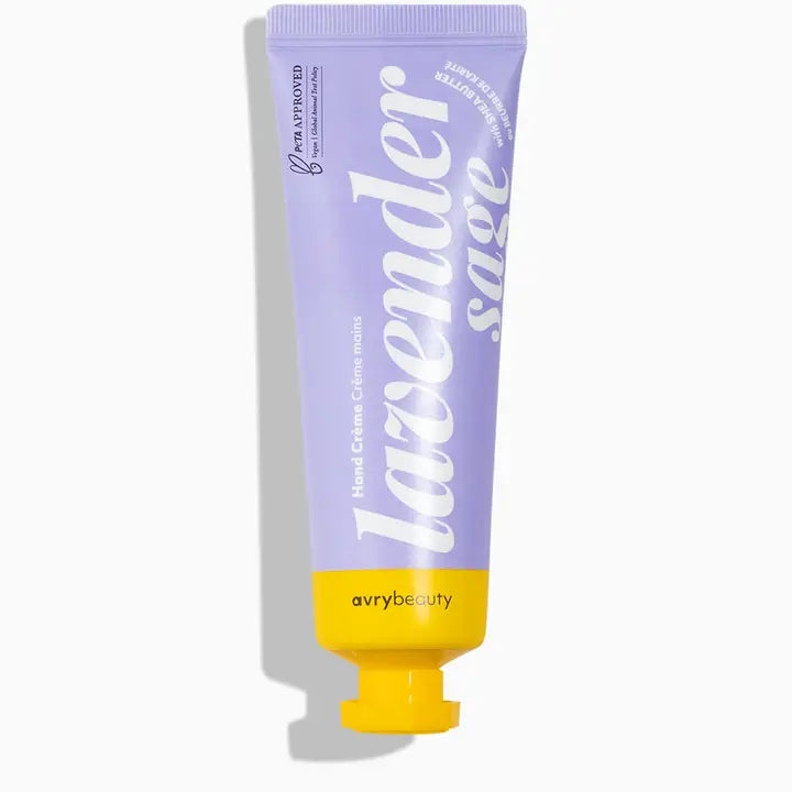 AvryBeauty lavender sage hand creme tube in lavender with yellow cap moisturizing hand cream for dry skin