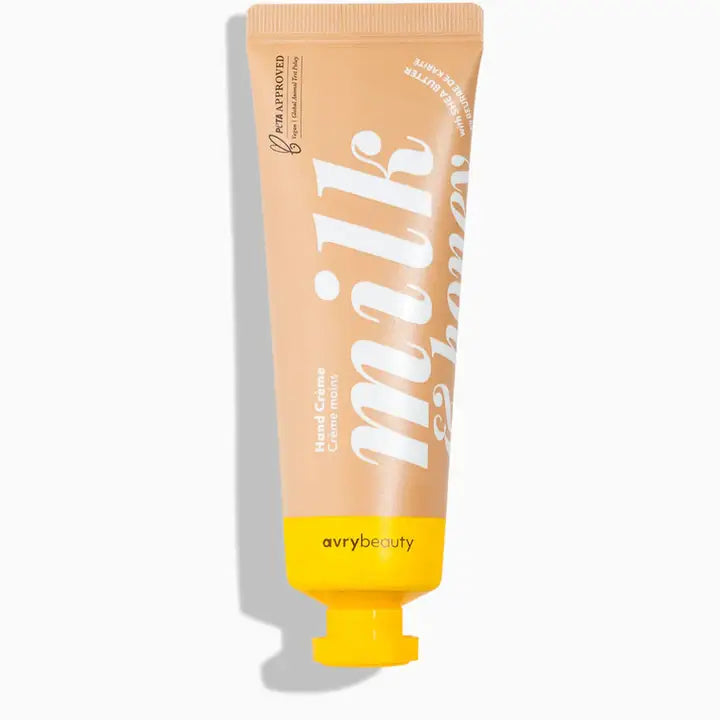 AvryBeauty milk and honey hand creme tube beige packaging with yellow cap moisturizing hand cream