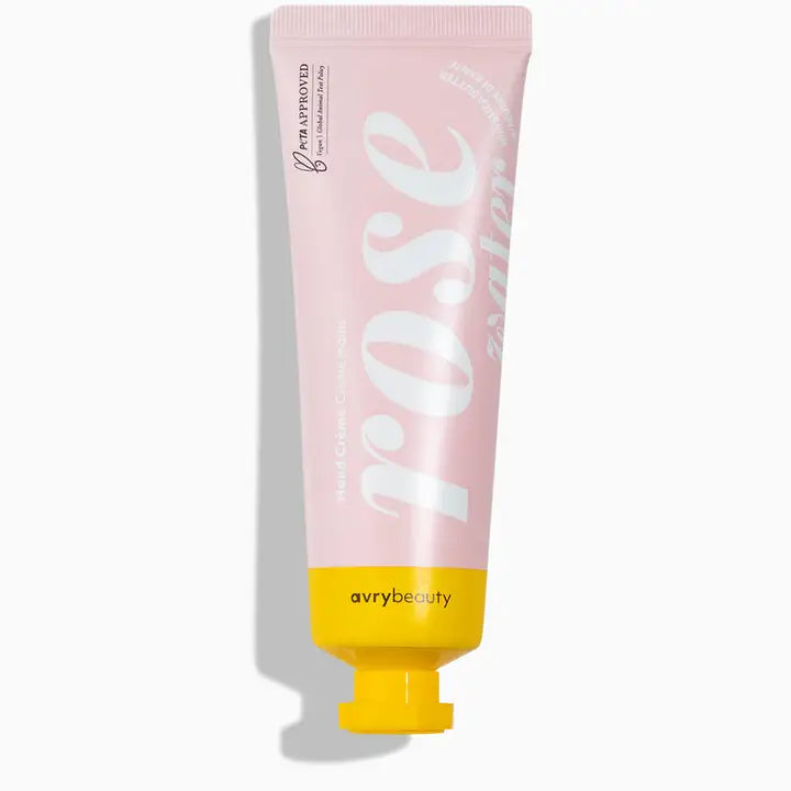 AvryBeauty rose water hand creme in pink tube with moisturizing formula and light floral scent