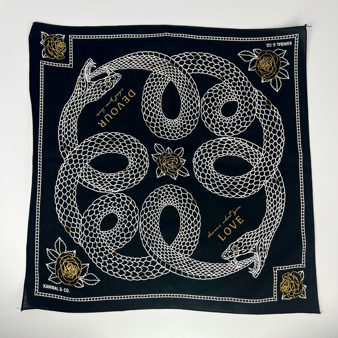 Kanibal & Co. Bandana: Devour Snake featuring a black design with intertwined snakes and roses