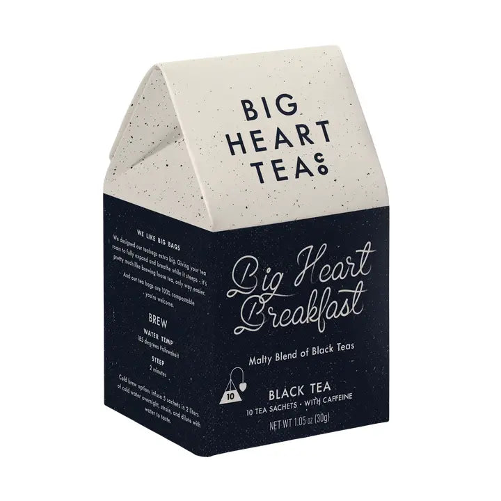 Big Heart Tea Breakfast Blend in a stylish box with malty black tea sachets for a delicious morning brew